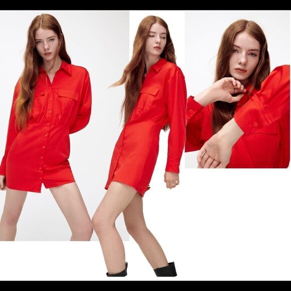 Zara red poplin shirt dress Sz M NWT - Picture 3 of 12